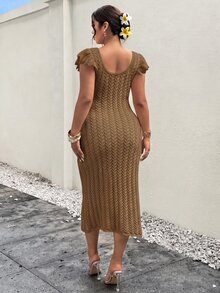 Firerie 大尺碼女款優雅柔軟浪漫度假風長袖飄逸袖棕色針織毛衣洋裝，適合秋季旅行與晚餐 - 卡其色 - 查看 3