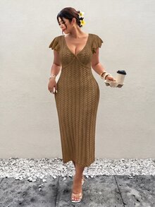 Firerie 大尺碼女款優雅柔軟浪漫度假風長袖飄逸袖棕色針織毛衣洋裝，適合秋季旅行與晚餐 - 卡其色 - 查看 7