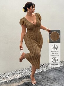 Firerie 大尺碼女款優雅柔軟浪漫度假風長袖飄逸袖棕色針織毛衣洋裝，適合秋季旅行與晚餐 - 卡其色 - 查看 8