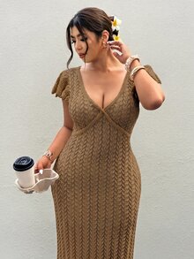 Firerie 大尺碼女款優雅柔軟浪漫度假風長袖飄逸袖棕色針織毛衣洋裝，適合秋季旅行與晚餐 - 卡其色 - 查看 6
