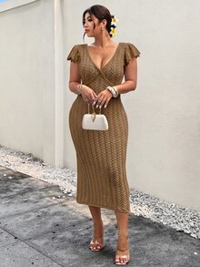 Firerie 大尺碼女款優雅柔軟浪漫度假風長袖飄逸袖棕色針織毛衣洋裝，適合秋季旅行與晚餐 - 卡其色 - 查看 5