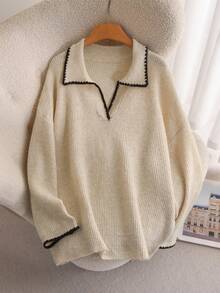 CosyJoli Plus Size Casual Color-Block Dogstooth Trim V-Neck Pullover Sweater,Fall Autumn Casual Mother's Day Winter - Apricot - View 4