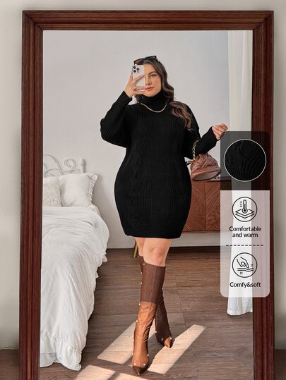 SHEIN Privé Plus Size Kvinnor Mysig Casual Daglig Hög krage Aran Knit Relaxed Fit Rak tröja klänning, vit, höst/vinter
