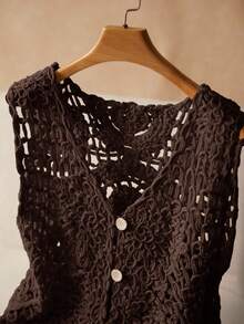 Elaquor Plus Size Women Solid Color Single-Breasted Casual 1920s 80s 90s Versatile Daily Wear Knit Vest Brown Summer - Chocolate Brown - View 5