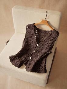 Elaquor Plus Size Women Solid Color Single-Breasted Casual 1920s 80s 90s Versatile Daily Wear Knit Vest Brown Summer - Chocolate Brown - View 2