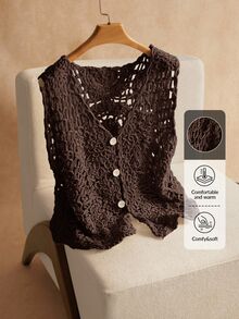 Elaquor Plus Size Women Solid Color Single-Breasted Casual 1920s 80s 90s Versatile Daily Wear Knit Vest Brown Summer - Chocolate Brown - View 7
