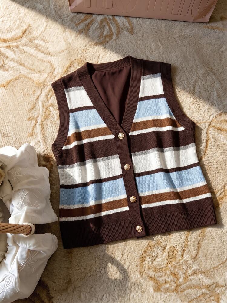 Elaquor Plus Size Women's V-Neck Striped Colorblock Casual Elegante 1960s 80s 90s Versatile Daily School College Knit Vest Autumn Chocolate Brown Formal - Multicolor - View 3
