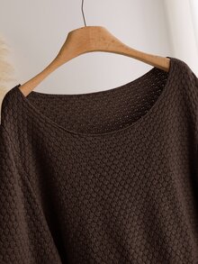 CosyJoli Plus Size Casual Round Neck Waist Cinched Lantern Sleeve Patchwork Ruffle Hem Smock Knit Top Women,Chocolate Brown,Autumn,Smart Casual,Everyday Winter - Coffee Brown - View 5