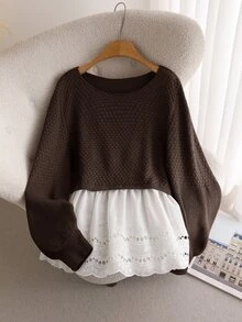 CosyJoli Plus Size Casual Round Neck Waist Cinched Lantern Sleeve Patchwork Ruffle Hem Smock Knit Top Women,Chocolate Brown,Autumn,Smart Casual,Everyday Winter - Coffee Brown - View 7