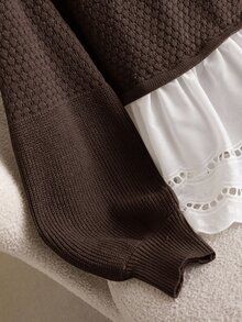 CosyJoli Plus Size Casual Round Neck Waist Cinched Lantern Sleeve Patchwork Ruffle Hem Smock Knit Top Women,Chocolate Brown,Autumn,Smart Casual,Everyday Winter - Coffee Brown - View 3
