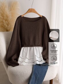 CosyJoli Plus Size Casual Round Neck Waist Cinched Lantern Sleeve Patchwork Ruffle Hem Smock Knit Top Women,Chocolate Brown,Autumn,Smart Casual,Everyday Winter - Coffee Brown - View 9