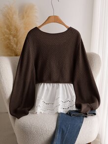 CosyJoli Plus Size Casual Round Neck Waist Cinched Lantern Sleeve Patchwork Ruffle Hem Smock Knit Top Women,Chocolate Brown,Autumn,Smart Casual,Everyday Winter - Coffee Brown - View 4