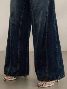 Anewsta Celana Panjang Wanita Terbaru Musim Gugur, Model Kasual Retro 80-an, Desain Cuci, Patchwork, Warna Biru Tua, Potongan Lebar, Kasual Formal, Nyaman untuk Perjalanan Sehari-hari - Biru - View 1