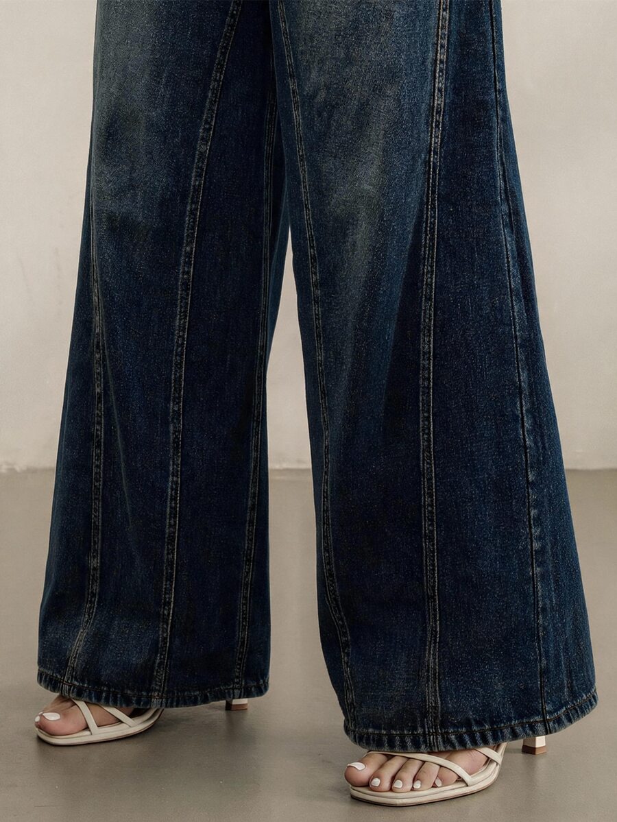 Anewsta Celana Panjang Wanita Terbaru Musim Gugur, Model Kasual Retro 80-an, Desain Cuci, Patchwork, Warna Biru Tua, Potongan Lebar, Kasual Formal, Nyaman untuk Perjalanan Sehari-hari - Biru - View 1
