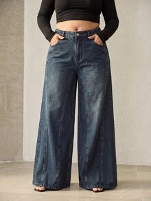 Anewsta Celana Panjang Wanita Terbaru Musim Gugur, Model Kasual Retro 80-an, Desain Cuci, Patchwork, Warna Biru Tua, Potongan Lebar, Kasual Formal, Nyaman untuk Perjalanan Sehari-hari - Biru - View 2