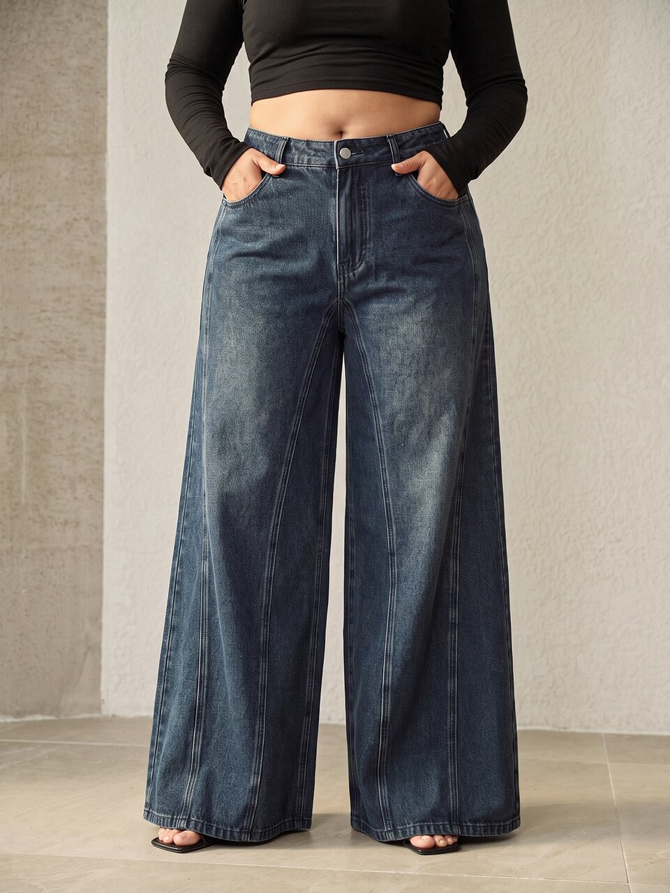 Anewsta Women's New Fashion Casual Retro Washed Design Patchwork Blue Wide Leg Pants