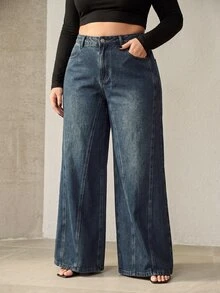 Anewsta Celana Panjang Wanita Terbaru Musim Gugur, Model Kasual Retro 80-an, Desain Cuci, Patchwork, Warna Biru Tua, Potongan Lebar, Kasual Formal, Nyaman untuk Perjalanan Sehari-hari - Biru - View 4