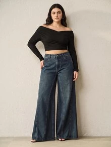 Anewsta Celana Panjang Wanita Terbaru Musim Gugur, Model Kasual Retro 80-an, Desain Cuci, Patchwork, Warna Biru Tua, Potongan Lebar, Kasual Formal, Nyaman untuk Perjalanan Sehari-hari - Biru - View 3