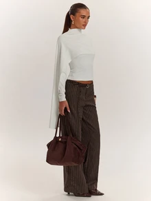 SHEIN BAE Women's Brown Striped Suit Pants, Minimalist Outfit, Commute Outfit, Daily Streetwear - Brown - View 4