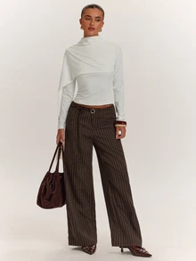 SHEIN BAE Women's Brown Striped Suit Pants, Minimalist Outfit, Commute Outfit, Daily Streetwear - Brown - View 1