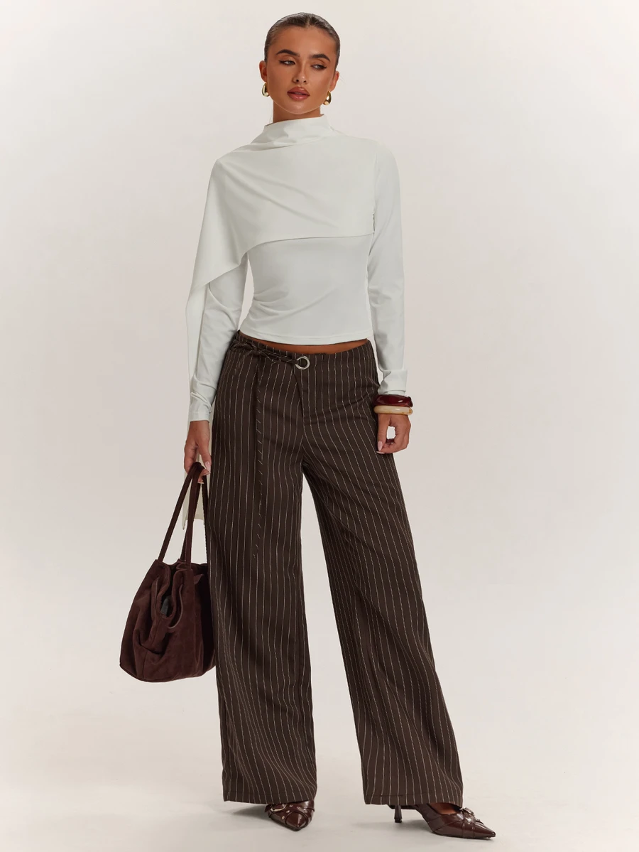 SHEIN BAE Women's Brown Striped Suit Pants, Minimalist Outfit, Commute Outfit, Daily Streetwear - Brown - View 1