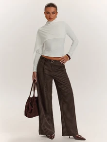 SHEIN BAE Women's Brown Striped Suit Pants, Minimalist Outfit, Commute Outfit, Daily Streetwear - Brown - View 3