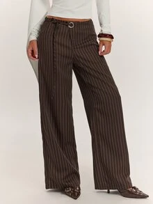 SHEIN BAE Women's Brown Striped Suit Pants, Minimalist Outfit, Commute Outfit, Daily Streetwear - Brown - View 6