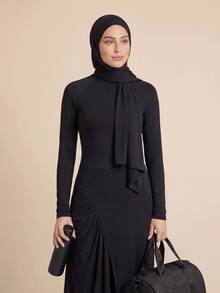 With My Calm With My Calm 2pcs Set Spring/Summer New Solid Black Long Dress With Ruched Slit To Ankle And Long Pants Women's Sportswear - Black - View 4