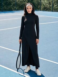 With My Calm With My Calm 2pcs Set Spring/Summer New Solid Black Long Dress With Ruched Slit To Ankle And Long Pants Women's Sportswear - Black - View 3