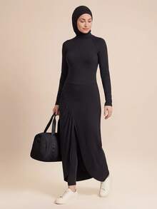 With My Calm With My Calm 2pcs Set Spring/Summer New Solid Black Long Dress With Ruched Slit To Ankle And Long Pants Women's Sportswear - Black - View 5