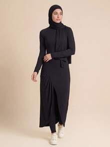 With My Calm With My Calm 2pcs Set Spring/Summer New Solid Black Long Dress With Ruched Slit To Ankle And Long Pants Women's Sportswear - Black - View 7