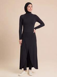 With My Calm With My Calm 2pcs Set Spring/Summer New Solid Black Long Dress With Ruched Slit To Ankle And Long Pants Women's Sportswear - Black - View 1