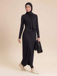 With My Calm With My Calm 2pcs Set Spring/Summer New Solid Black Long Dress With Ruched Slit To Ankle And Long Pants Women's Sportswear - Black - View 8