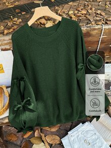 Firerie Plus Size Loose Knit Sweater With Hollow Bow Knot Decor, Plus Size Cute Fall Pullover In Beige Green Sweater Bow Sweater/Winter - Dark Green - View 7