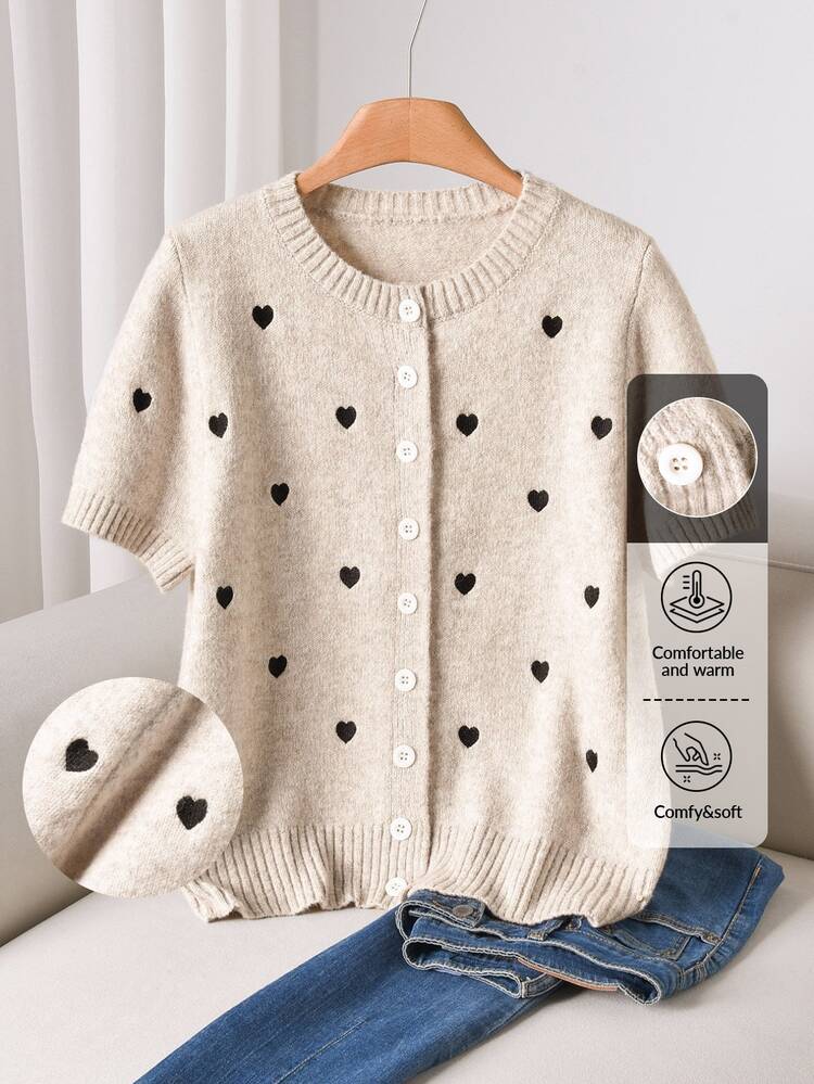 CosyJoli Plus Size Women Heart Embroidery Round Neck Short Sleeve Single-Breasted Casual Cute Fairy Knit Cardigan Autumn Formal Date Night Party Beige - Apricot - View 7