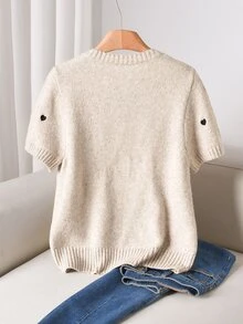 CosyJoli 大尺碼女款心形刺繡圓領短袖單排扣休閒可愛仙女風針織開襟衫 秋季正式約會之夜派對米色 - 杏色 - 查看 3