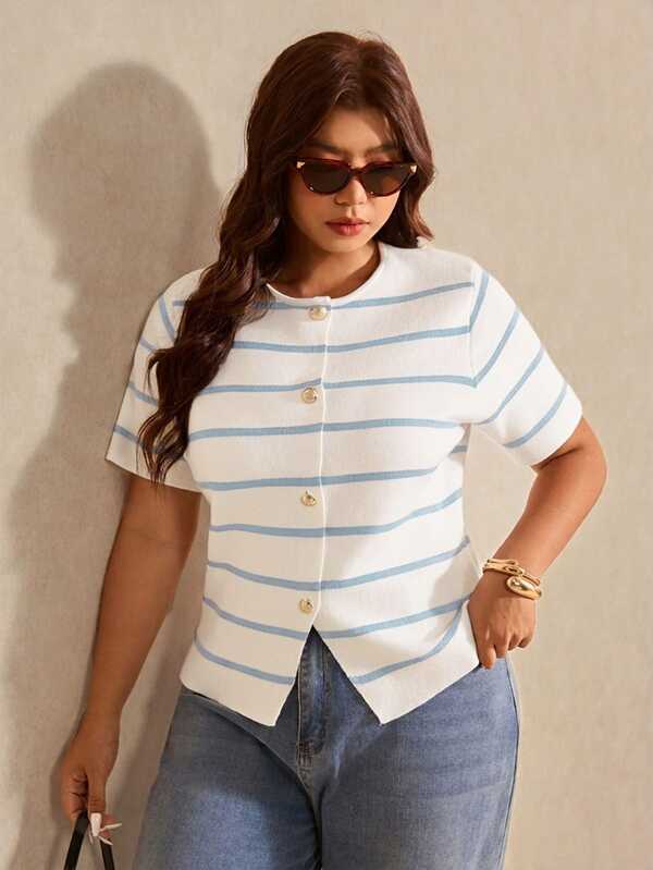 Elaquor Blusa de punto con botones y rayas de colores contrastantes para tallas grandes