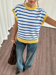 SHEIN Frenchy 休闲简约地中海蓝黄条纹大码毛衣，适合春夏穿着，度假百搭针织上衣 - 灰色 - 查看 3
