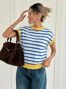 SHEIN Frenchy 休闲简约地中海蓝黄条纹大码毛衣，适合春夏穿着，度假百搭针织上衣 - 灰色 - 查看 5