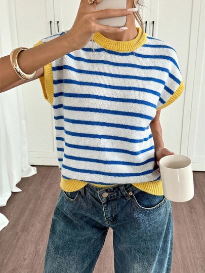 SHEIN Frenchy Casual Minimalist Mediterranean Blue & Yellow Striped Plus Size Sweater, Suitable For Spring/Summer, Vacation, Versatile Knit Top