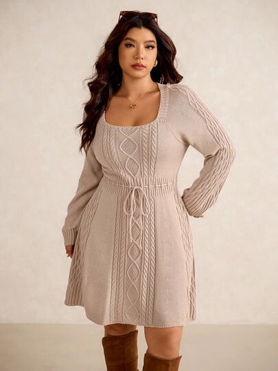 Elaquor Plus Size Women Casual Decent Elegant Twist Knit Drawstring Waist Sweater Dress Autumn Winter Outfit Mother's Day Dates Formal Office Peach