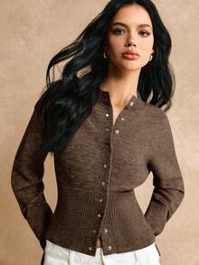 Elaquor Plus Size Women Casual Dropped Shoulder Long Sleeve Single-Breasted Knitted Cardigan, Spring Winter - Brown - View 8