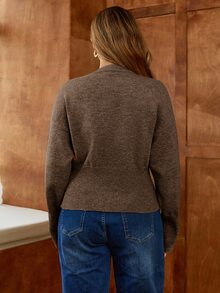 Elaquor Plus Size Women Casual Dropped Shoulder Long Sleeve Single-Breasted Knitted Cardigan, Spring Winter - Brown - View 6