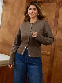 Elaquor Plus Size Women Casual Dropped Shoulder Long Sleeve Single-Breasted Knitted Cardigan, Spring Winter - Brown - View 12