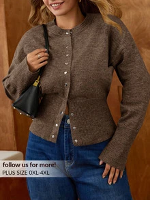 Elaquor Plus Size Women Casual Dropped Shoulder Long Sleeve Single-Breasted Knitted Cardigan, Spring Winter - Brown - View 11
