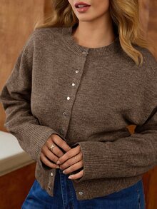 Elaquor Plus Size Women Casual Dropped Shoulder Long Sleeve Single-Breasted Knitted Cardigan, Spring Winter - Brown - View 5