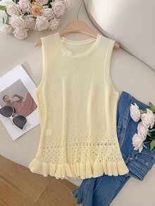 CosyJoli 大码女装时尚休闲优雅度假杏色经典夏季音乐会女装夏季上衣沙滩装度假女装沙滩装商务休闲女装夏季度假Y2K度假女装沙滩可爱上衣女装狂欢无袖钩针荷叶边下摆透气上衣，略微透视 - 杏色 - 查看 6