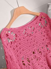 CosyJoli Plus Size Women Hollow Out Long Sleeve Loose Pullover Sweater Fall - Hot Pink - View 5