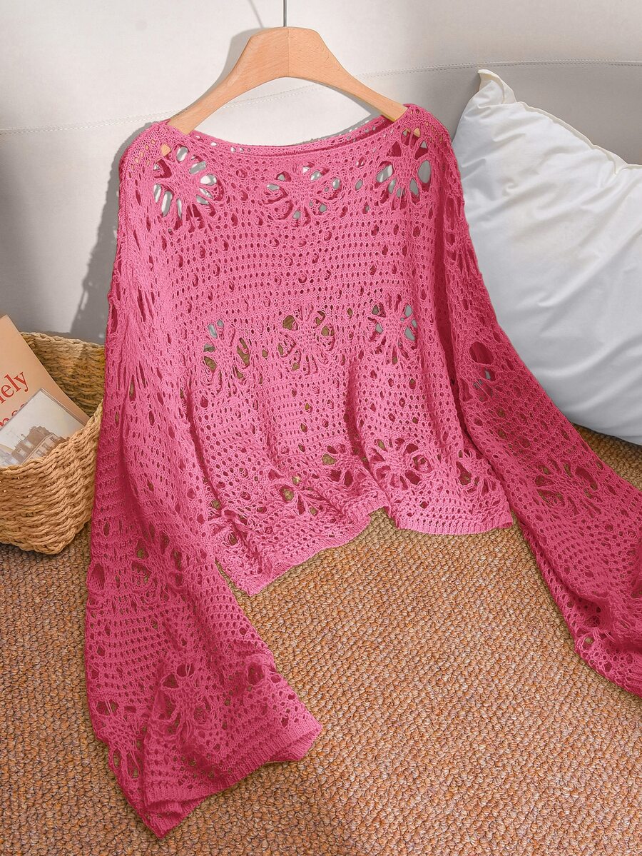 CosyJoli Plus Size Women Hollow Out Long Sleeve Loose Pullover Sweater Fall