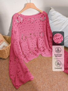 CosyJoli Plus Size Women Hollow Out Long Sleeve Loose Pullover Sweater Fall - Hot Pink - View 8